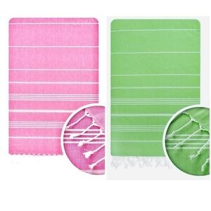 2 Turkish Towels Pink and Green Fringed and Striped with White It#KC1